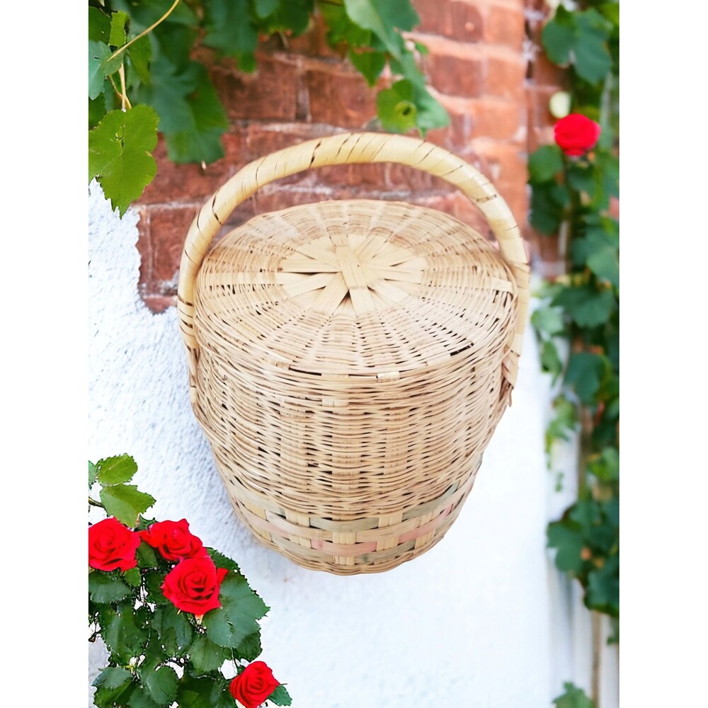 Vintage Wicker Basket, Covered Basket, Large Storage Basket